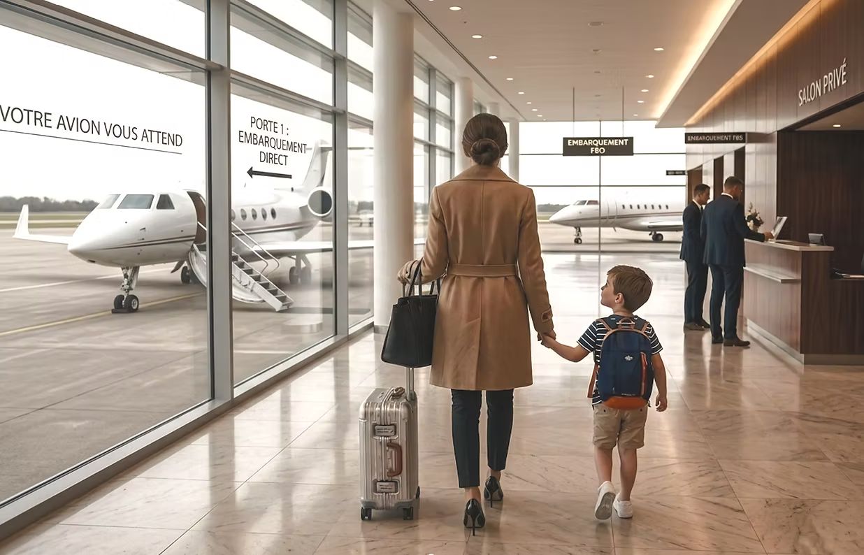 Une mère et son enfant rejoignant leur avion depuis le salon privé